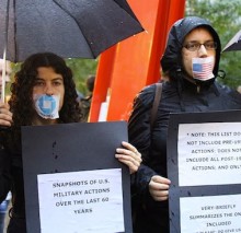 Photo: Liz Roberts ’91 at an antiwar protest