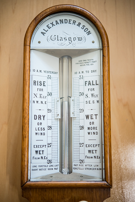 Stick Barometer Ca. 1860, mahogany case with brass and ivory fittings, Scottish Alexander and Son, Glasgow. The inscription on the lower edge of the scale refers to weather forecasting and the use of the barometer: "Long Foretold Long Past Short Notice Soon Past"