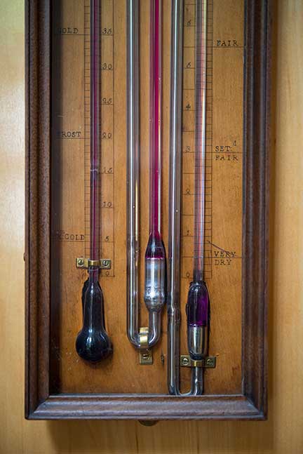 Multi-tube Barometer and Spirit Thermometer (detail) Ca. 1790, rounded mahogany and fruitwood case, glazed front panel, and brass and ivory fittings, English, Torre