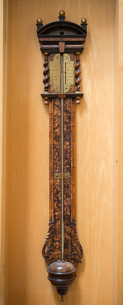 Stick Barometer Ca. 1690, walnut with veneered mulberry wood panel and brass scale and fittings, English, Thomas Heath