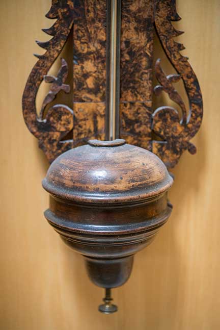 Stick Barometer (detail) Ca. 1690, walnut with veneered mulberry wood panel and brass scale and fittings, English, Thomas Heath