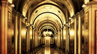 The ornately decorated Brumidi Corridors on the first floor of the Senate wing in the United States Capitol