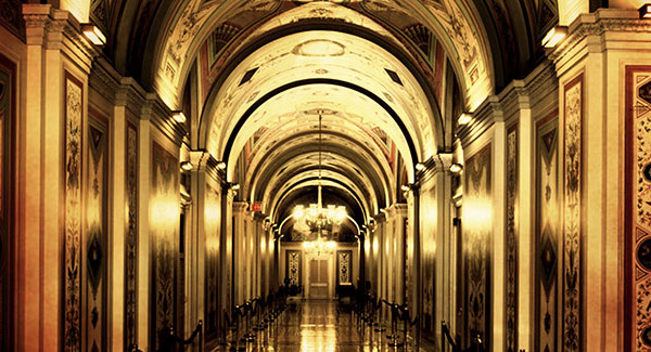 The ornately decorated Brumidi Corridors on the first floor of the Senate wing in the United States Capitol