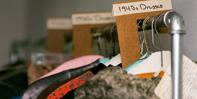 A detail from some of the hundreds of costumes that span more than a century in a closet on the top floor.