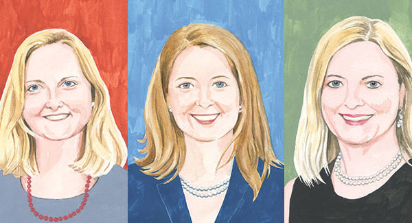 Illustrated headshots of Eileen Albillar ’96, Tami Gouveia ’96 and Karen Middleton ’88